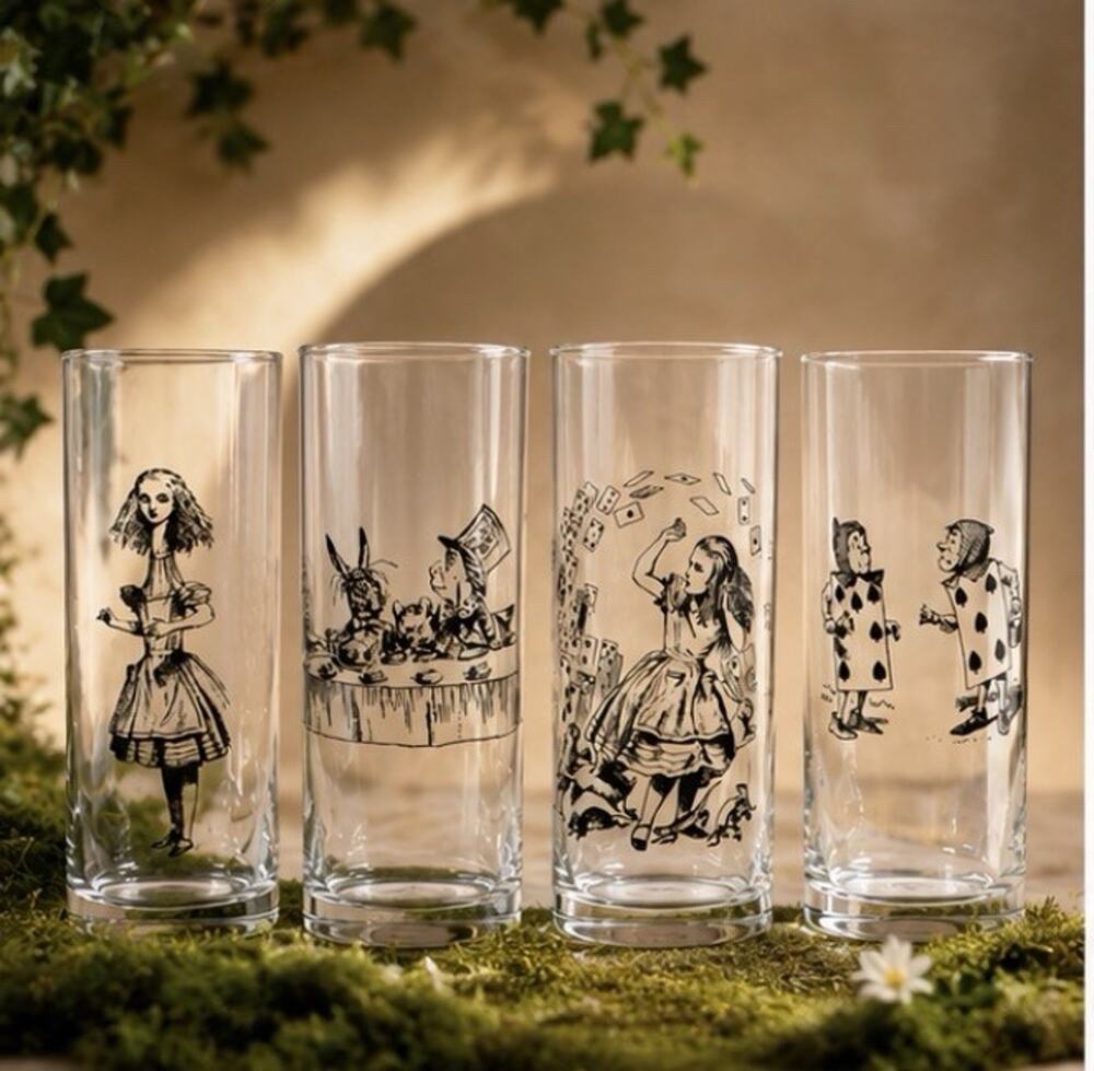 Fishs Eddy Libbey Alice In Wonderland Set of 4 Zombie Glasses Rare HTF